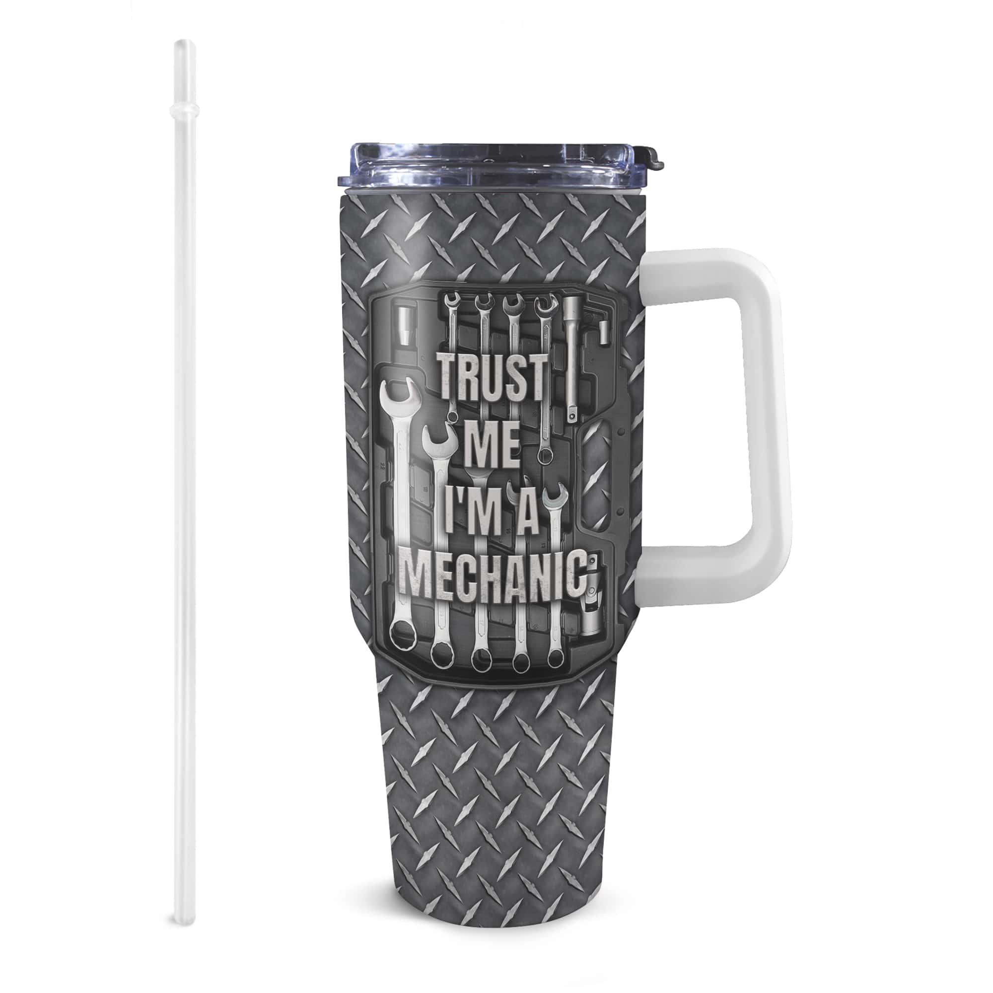 Personalized 40oz Tumbler with White Handle – ‘Trust Me, I’m a Mechanic’ Design – Perfect Gift for Mechanics – Custom Name Tumbler for Father’s Day or Birthday