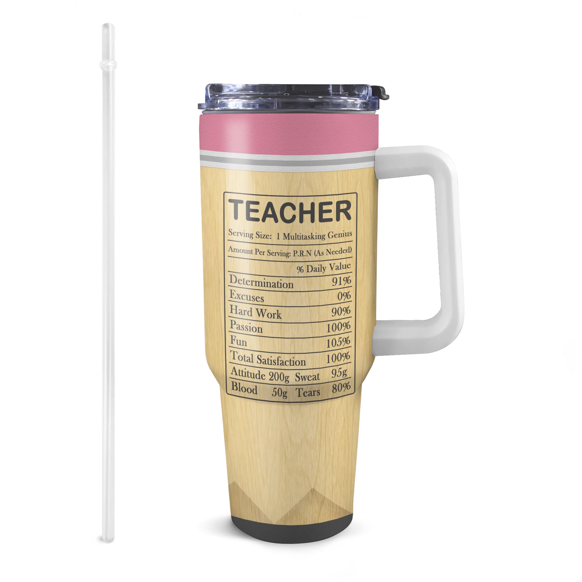 Personalized 40oz Tumbler with White Handle – Teacher Design, Multitasking Genius Nutrition Label, Fun & Hard Work Message – Perfect for Teacher Appreciation Gifts