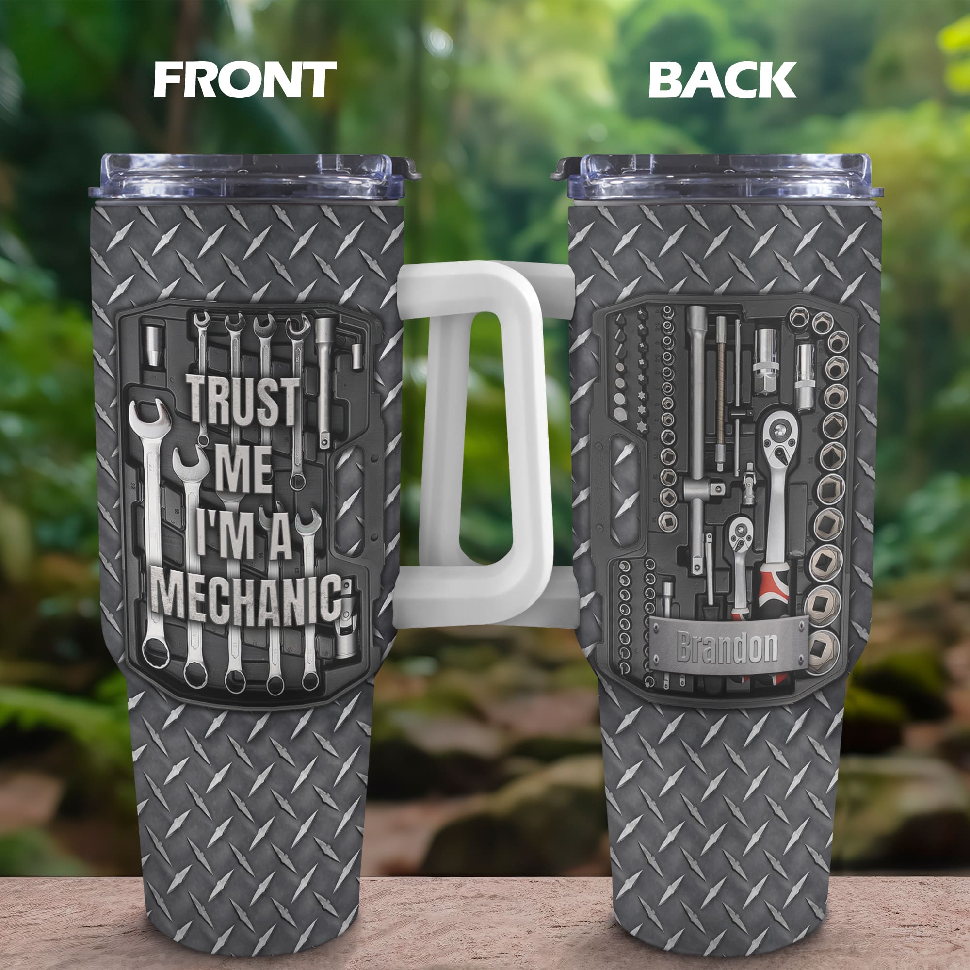 Personalized 40oz Tumbler with White Handle – ‘Trust Me, I’m a Mechanic’ Design – Perfect Gift for Mechanics – Custom Name Tumbler for Father’s Day or Birthday