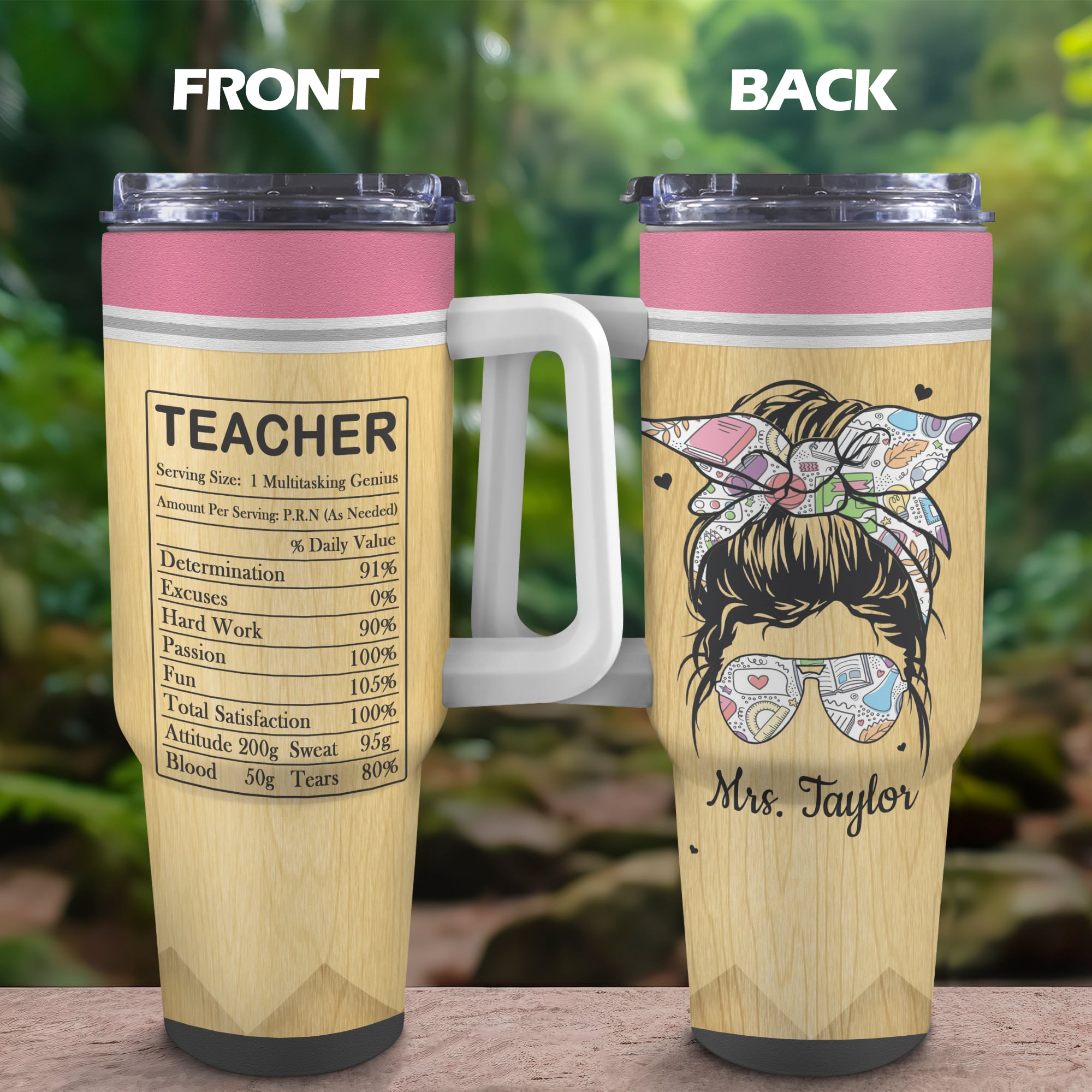 Personalized 40oz Tumbler with White Handle – Teacher Design, Multitasking Genius Nutrition Label, Fun & Hard Work Message – Perfect for Teacher Appreciation Gifts